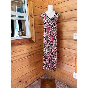 Vintage Maxi Dress Women 2XL Plus Size Pink Tropical Hibiscus Rayon Penningtons